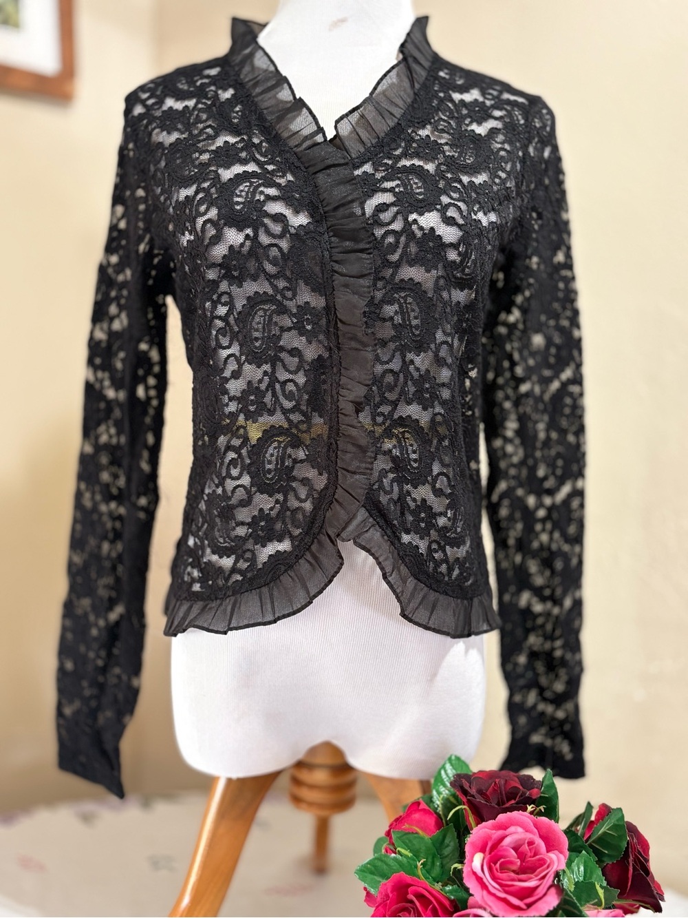 Black Lace Ruffle-Trim Blouse